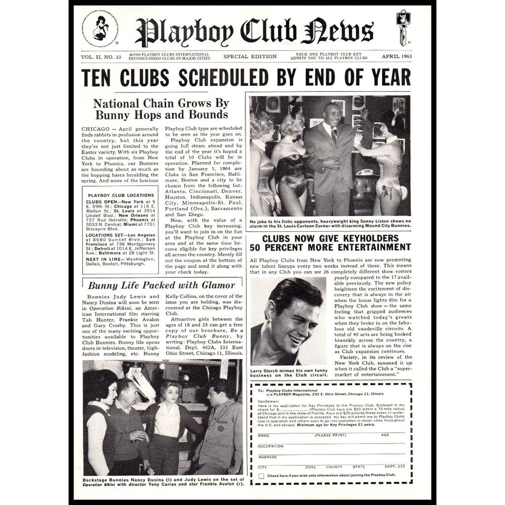 1963 April Playboy Club News Vintage Print Ad Newspaper Style Front Page Photo